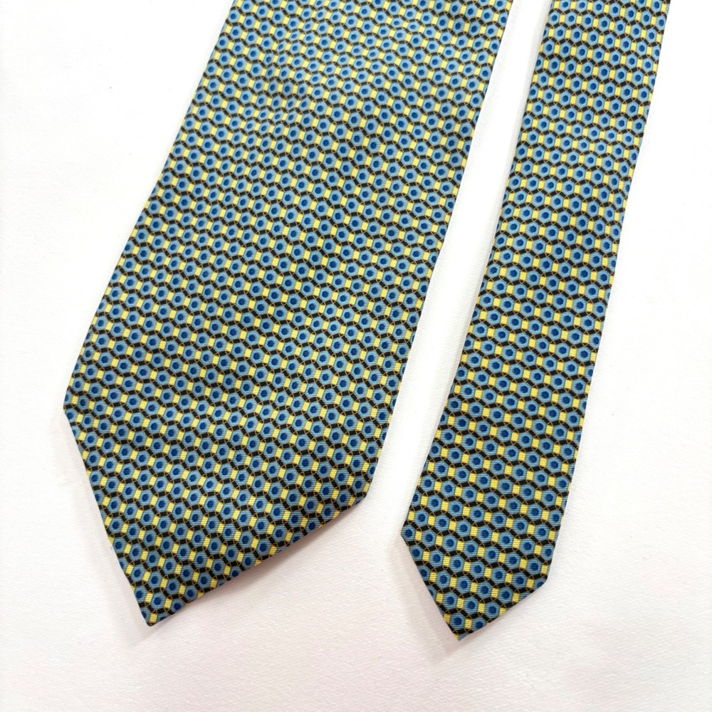 Richel Necktie‎ Blue Yellow Geometric Honeycomb Silk Hand Made Spain